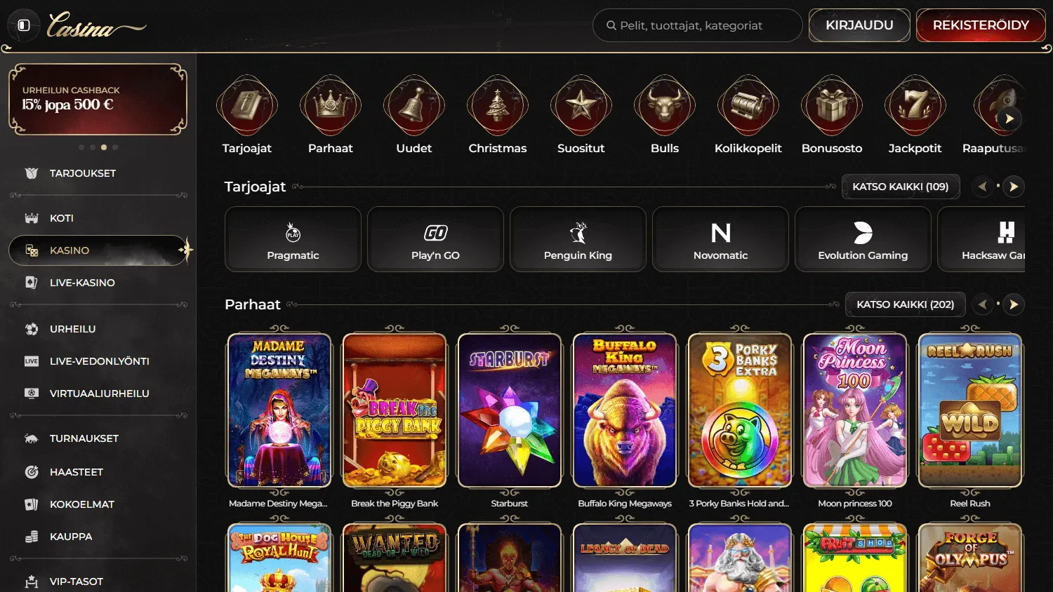 Casina Casino desktop browsing area with pokies, table games and live casino categories