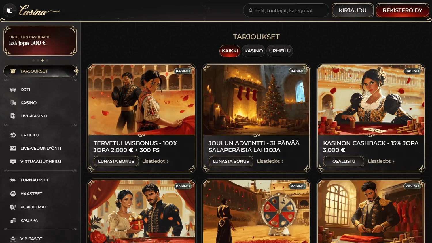 Casina Casino desktop promotions area with welcome, reload and reward offers