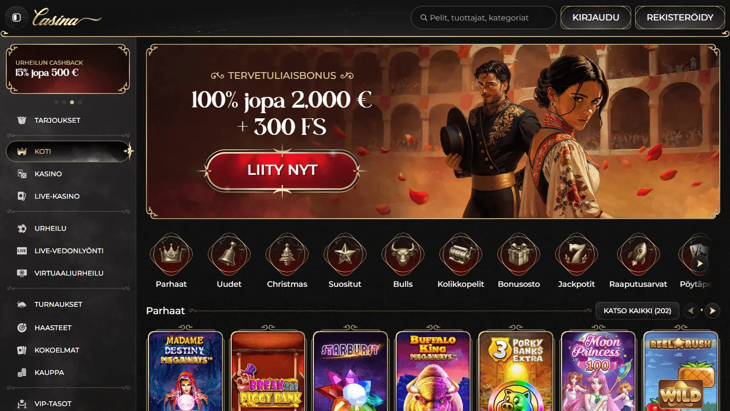 Casina Casino home experience on desktop with casino and sportsbook access