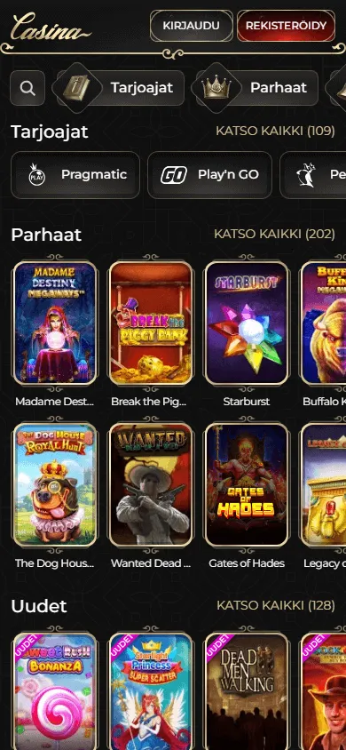 Casina Casino mobile browser with game categories and account navigation