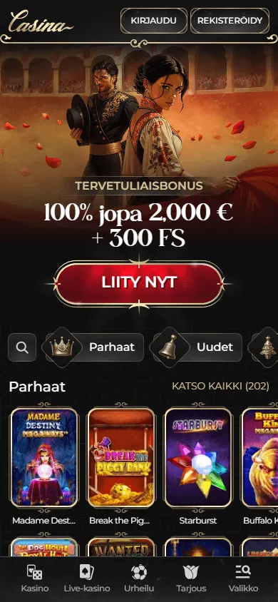 Casina Casino responsive home experience on a mobile browser
